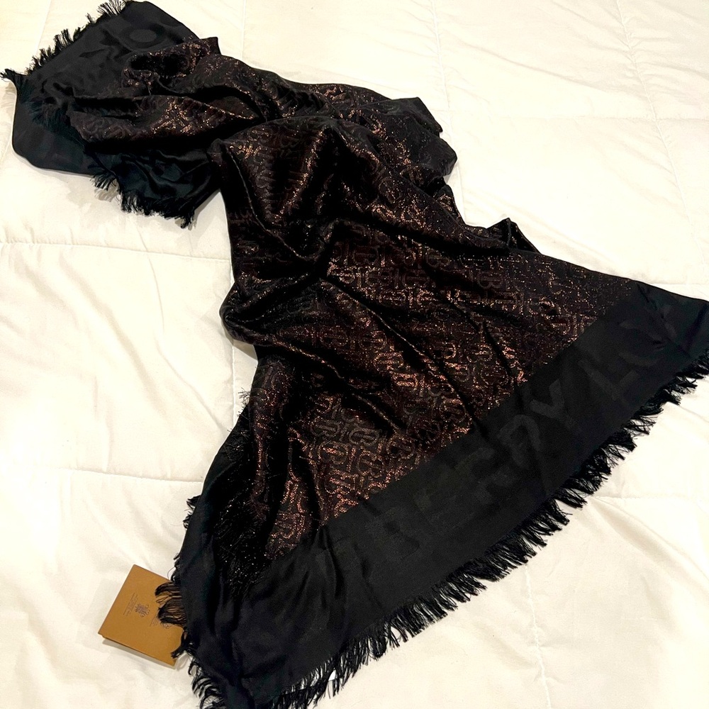 Burberry Black & Metallic Bronze Jacquard Silk-blend Scarf with TB Monogram